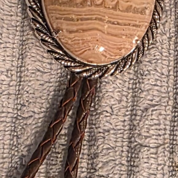 Vintage Metal Bolo Tie, Bennett, Nice Big Brownish White Stone Design with Strip - Picture 4 of 6